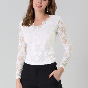 Floral Embroidery Sheer Long Sleeve Lace Blouse Top White/S - Allegra K catalog