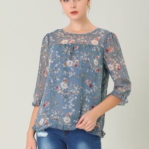 Casual Ruffle Floral Print 3/4 Sleeve Chiffon Blouse Grey Blue/S - Allegra K catalog