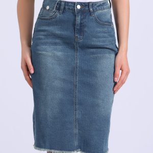 Casual High Waist Back Slit Stretch Denim Midi Jean Skirt Blue/XS - Allegra K catalog