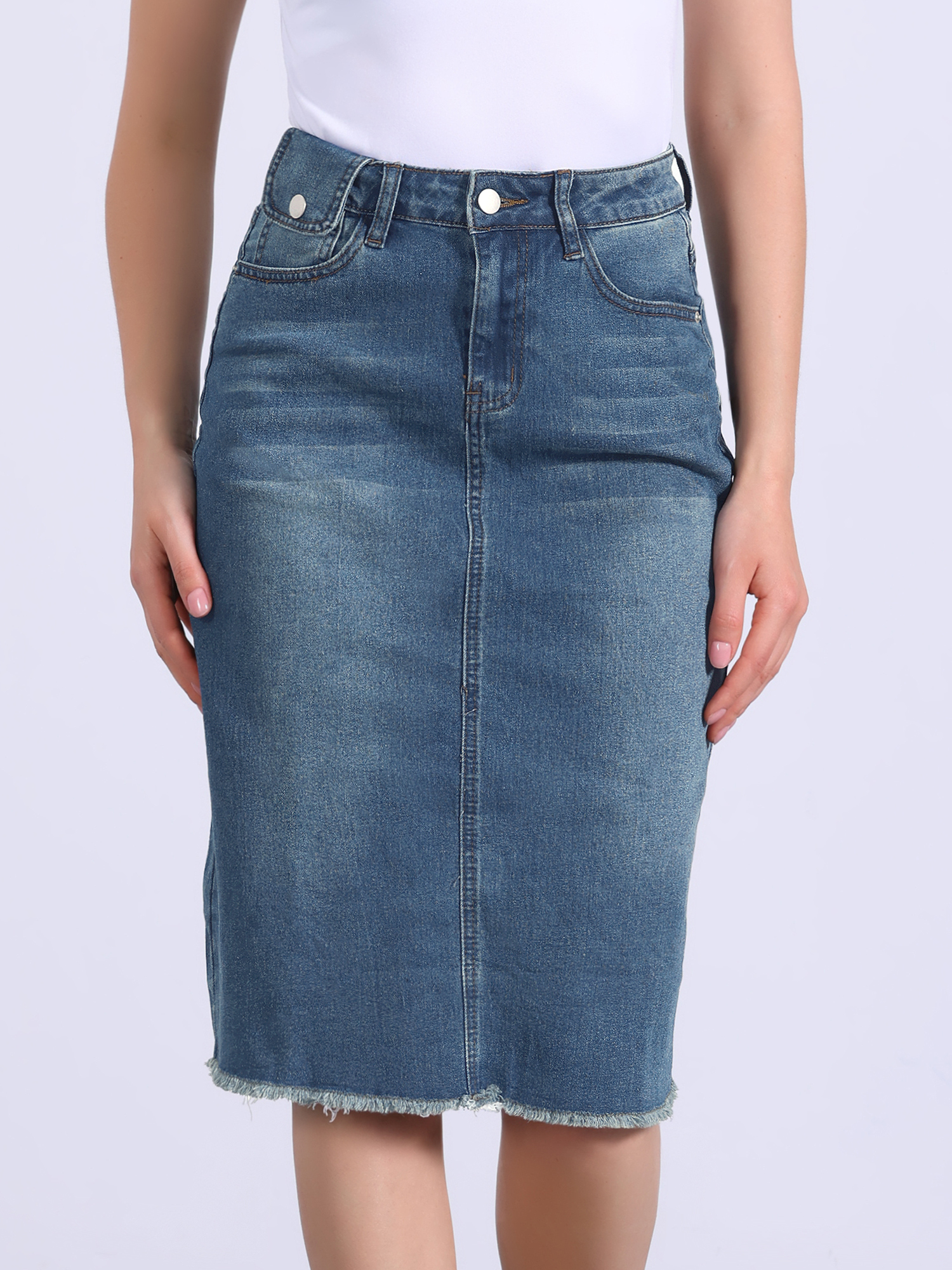 Casual High Waist Back Slit Stretch Denim Midi Jean Skirt Blue/M - Allegra K catalog