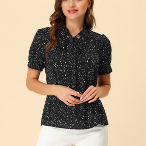 Retro Dots Bow Tie Peter Pan Collar Chiffon Blouse Black/XL - Allegra K catalog