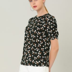 Floral Crew Neck Ruched Sleeve Casual Blouse Black/M - Allegra K catalog