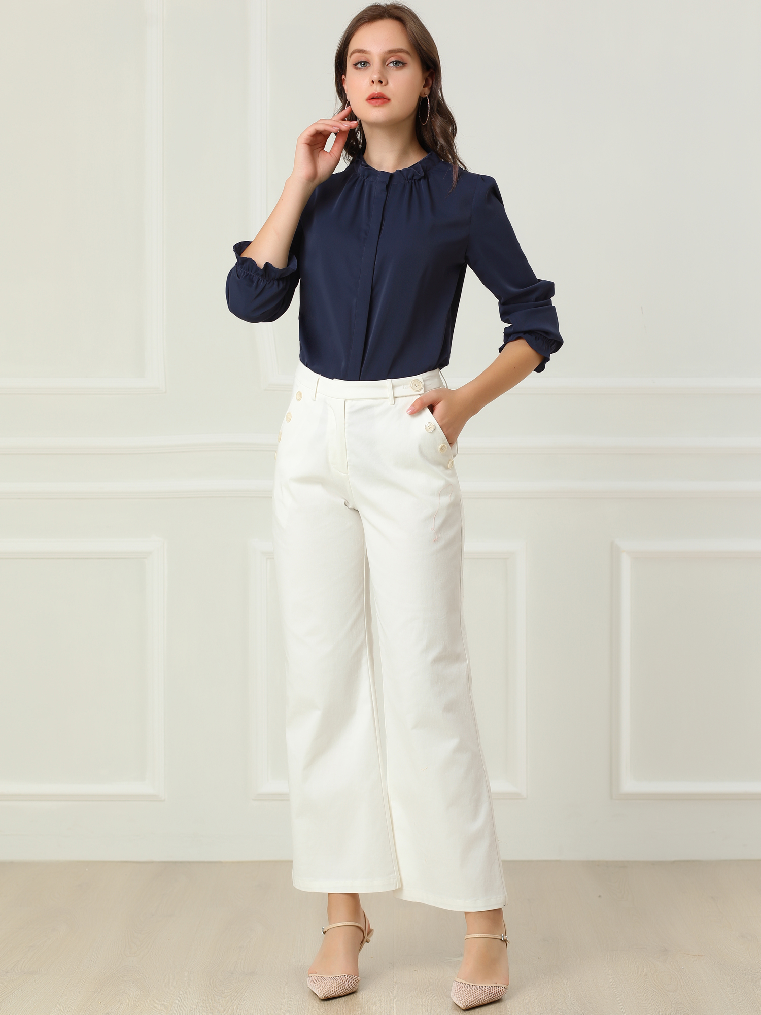 Work Office Blouse Button Up Ruffle Collar Long Sleeve Chiffon Shirt Navy Blue/XS - Allegra K catalog