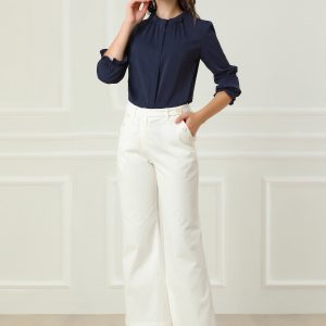 Work Office Blouse Button Up Ruffle Collar Long Sleeve Chiffon Shirt Navy Blue/S - Allegra K catalog
