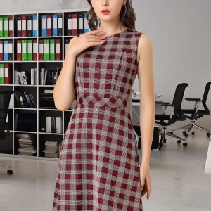 Plaid Sleeveless Fit and Flare Houndstooth Work Dress Burgundy/S - Allegra K catalog