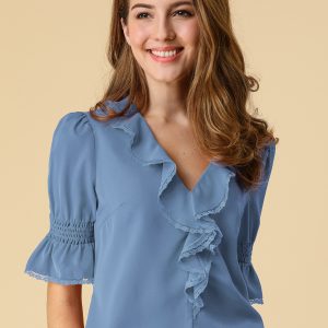 Ruffle Puff Sleeve Lace Trim Chiffon Peasant Blouse Dusty Blue/S - Allegra K catalog