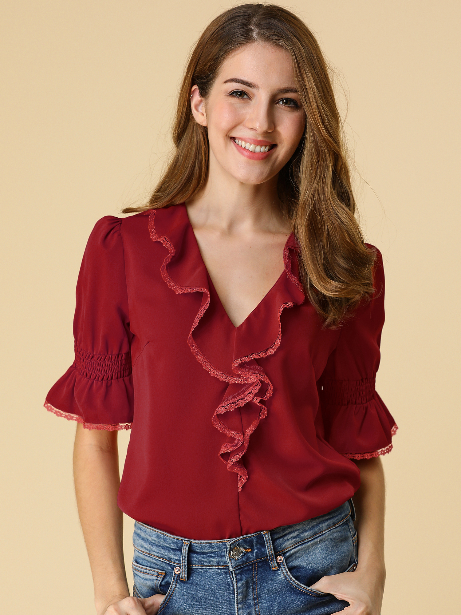 Ruffle Puff Sleeve Lace Trim Chiffon Peasant Blouse Red/XS - Allegra K catalog