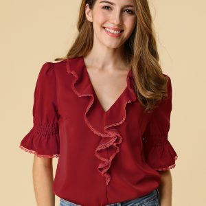 Ruffle Puff Sleeve Lace Trim Chiffon Peasant Blouse Red/S - Allegra K catalog