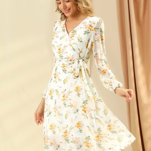 Chiffon Floral V Neck Tie Waist Bishop Sleeve Casual Wrap Midi Dress White/XS - Allegra K catalog