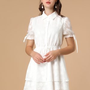 Peter Pan Collar Floral Drawstring Chiffon Layered Dress White/S - Allegra K catalog