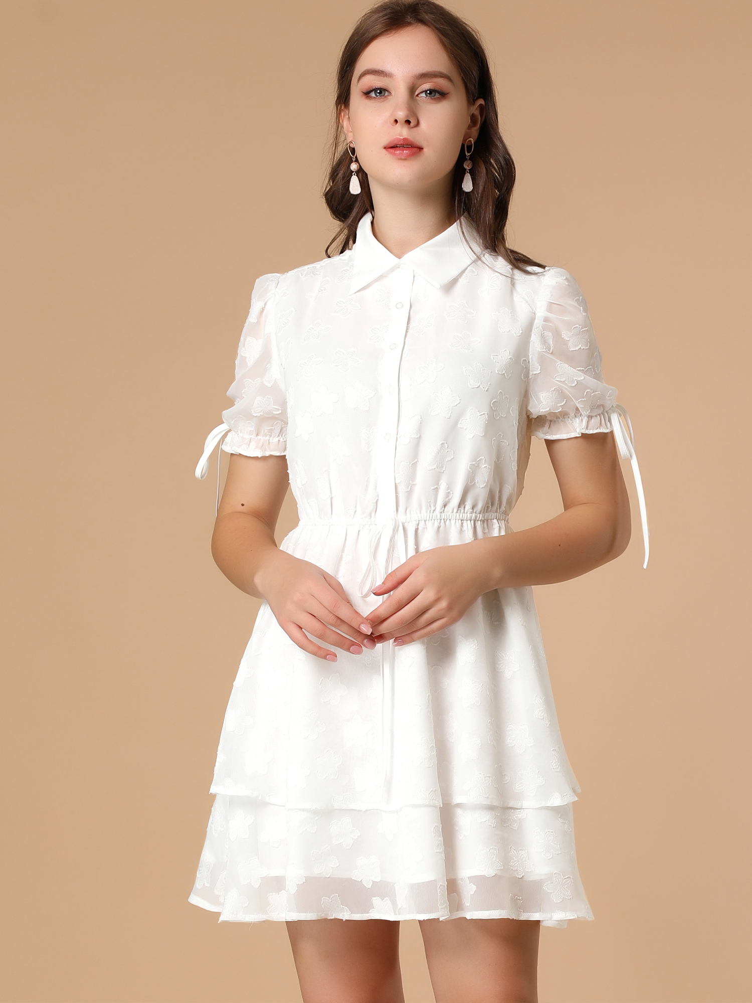 Peter Pan Collar Floral Drawstring Chiffon Layered Dress White/S - Allegra K catalog