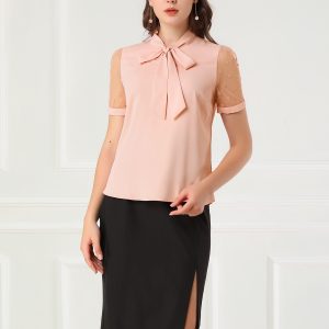 Bow Tie V Neck Stand Collar Short Mesh Sleeve Blouse Pink/XS - Allegra K catalog