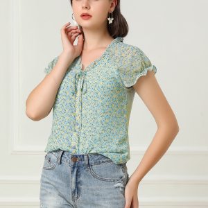 Ditsy Floral Print Chiffon Short Sleeve Ruffle Blouse Light Blue/S - Allegra K catalog