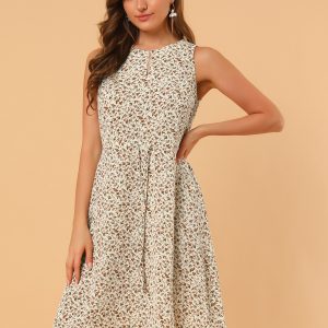Floral Drawstring Waist Sleeveless A-Line Midi Dress Sundress Beige/L - Allegra K catalog