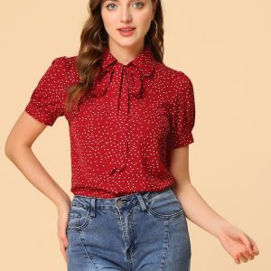 Retro Dots Bow Tie Peter Pan Collar Chiffon Blouse Red/XS - Allegra K catalog