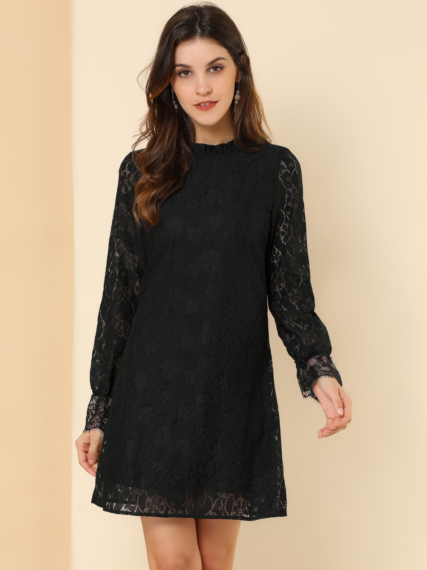 Lace Floral Ruffle Crew Neck Cocktail Mini Dress Black/L - Allegra K catalog
