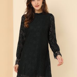 Lace Floral Ruffle Crew Neck Cocktail Mini Dress Black/XL - Allegra K catalog