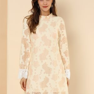 Lace Floral Ruffle Crew Neck Cocktail Mini Dress Beige/XL - Allegra K catalog