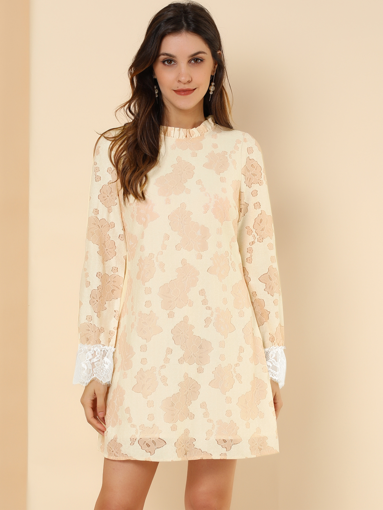 Lace Floral Ruffle Crew Neck Cocktail Mini Dress Beige/XL - Allegra K catalog