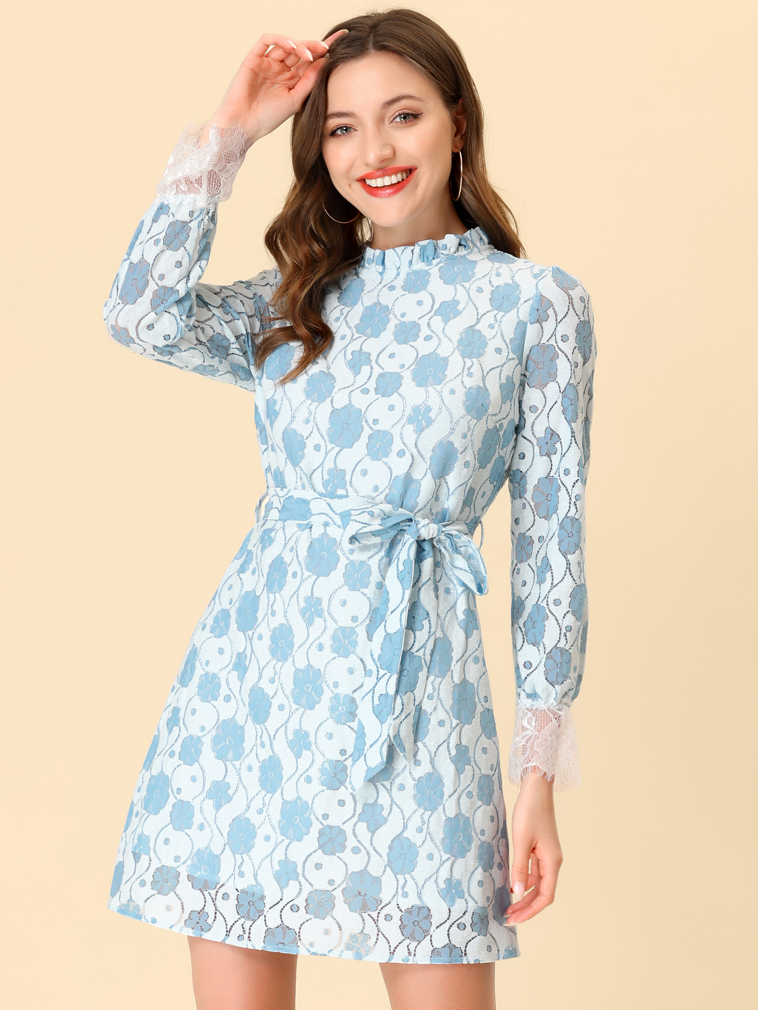 Lace Floral Ruffle Crew Neck Cocktail Mini Dress White Blue/S - Allegra K catalog