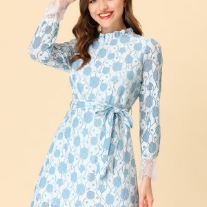 Lace Floral Ruffle Crew Neck Cocktail Mini Dress White Blue/XL - Allegra K catalog