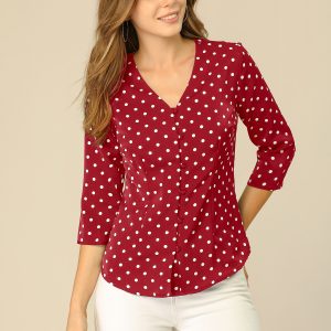 Polka Dots 3/4 Sleeve Button Front Vintage Office Blouse Top Red/S - Allegra K catalog