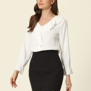 Ruffle Neck Gathered Cuff Long Sleeves Blouse White/2XL - Allegra K catalog