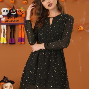 Choker V Neck Flared Gilding Metallic Shiny Star A-Line Dress Black/3XL - Allegra K catalog
