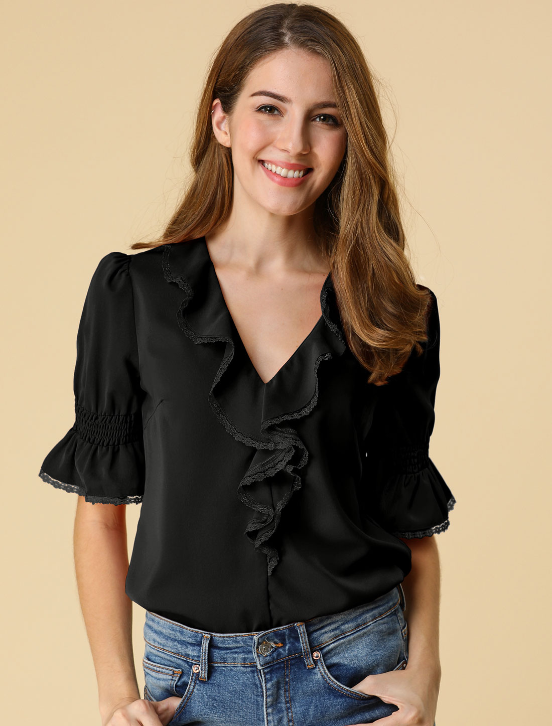 Ruffle Puff Sleeve Lace Trim Chiffon Peasant Blouse Black/2XL - Allegra K catalog