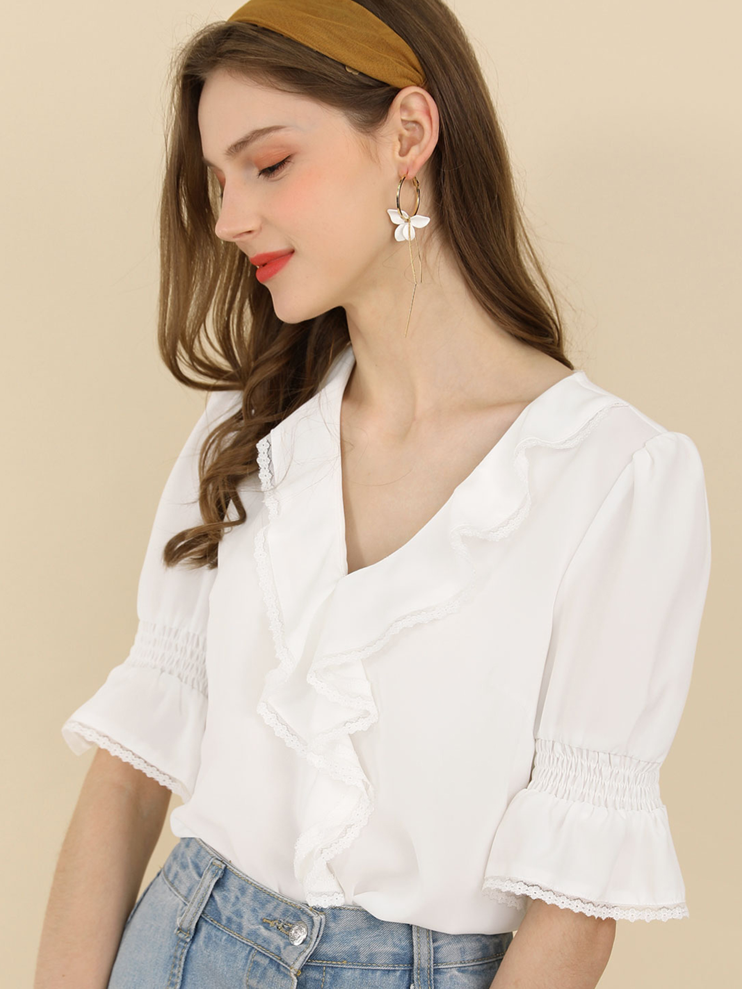 Ruffle Puff Sleeve Lace Trim Chiffon Peasant Blouse White/2XL - Allegra K catalog