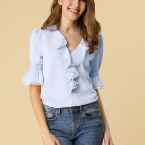 Ruffle Puff Sleeve Lace Trim Chiffon Peasant Blouse Blue/3XL - Allegra K catalog