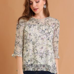 Casual Ruffle Floral Print 3/4 Sleeve Chiffon Blouse Grey Purple/M - Allegra K catalog
