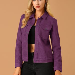 Faux Suede Turn-Down Collar Flap Pocket Snap Button Jacket Purple/S - Allegra K catalog