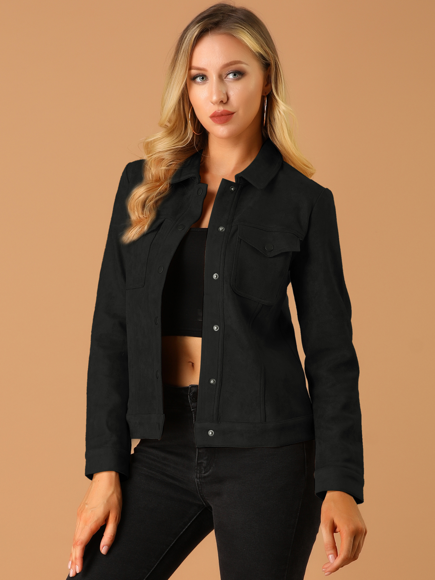 Faux Suede Turn-Down Collar Flap Pocket Snap Button Jacket Black/XL - Allegra K catalog