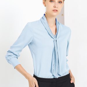 Long Sleeve Chiffon Pleated Tie Neck Office Blouse Light Blue/M - Allegra K catalog