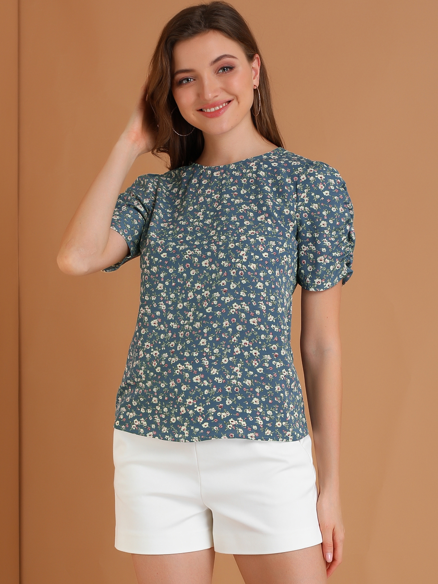 Floral Crew Neck Ruched Sleeve Casual Blouse Blue/M - Allegra K catalog