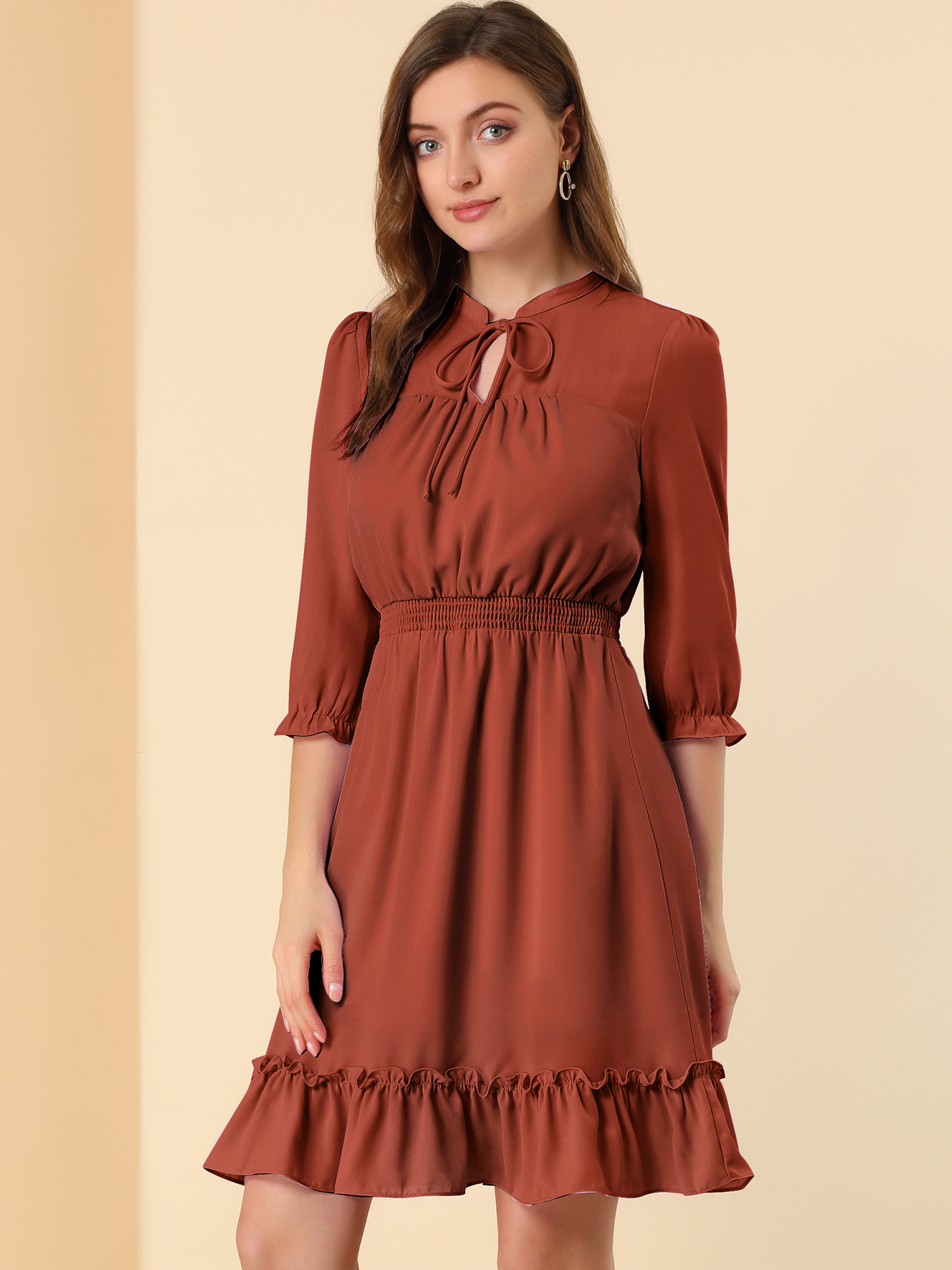 Ruffle Hem 3/4 Sleeve A-Line Smocked Midi Chiffon Dress Candy/S - Allegra K catalog