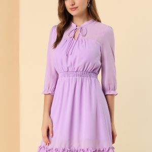 Ruffle Hem 3/4 Sleeve A-Line Smocked Short Chiffon Dress Lavender/XL - Allegra K catalog