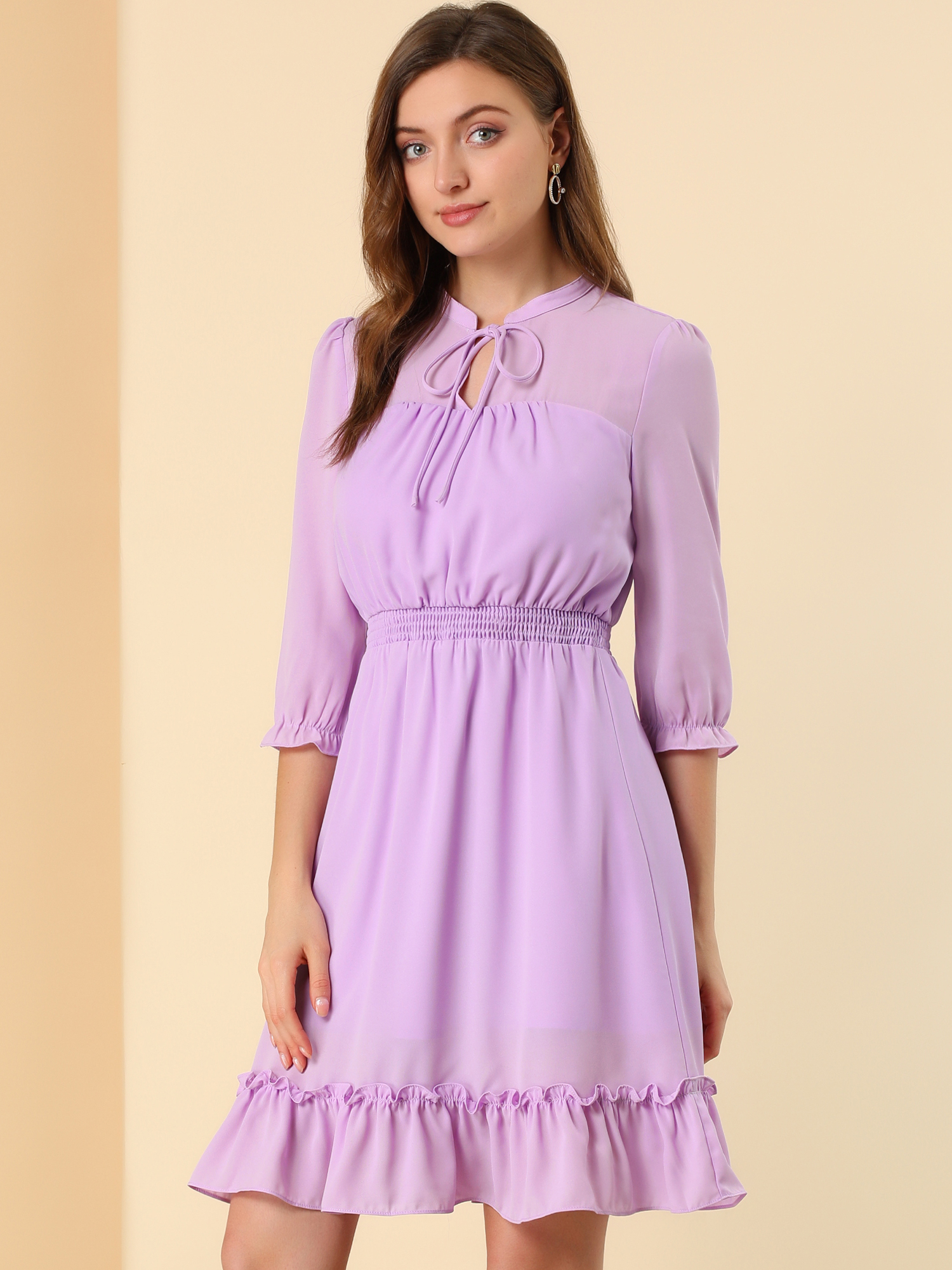 Ruffle Hem 3/4 Sleeve A-Line Smocked Short Chiffon Dress Lavender/XL - Allegra K catalog