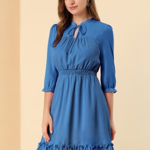 Ruffle Hem 3/4 Sleeve A-Line Smocked Short Chiffon Dress Indigo/S - Allegra K catalog