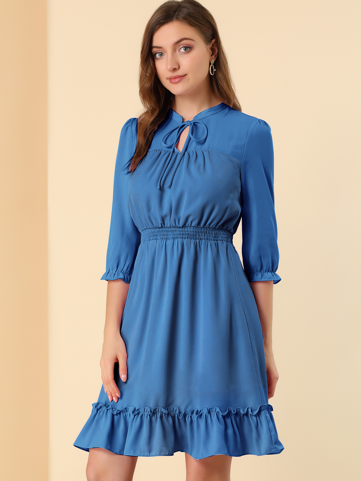 Ruffle Hem 3/4 Sleeve A-Line Smocked Short Chiffon Dress Indigo/S - Allegra K catalog