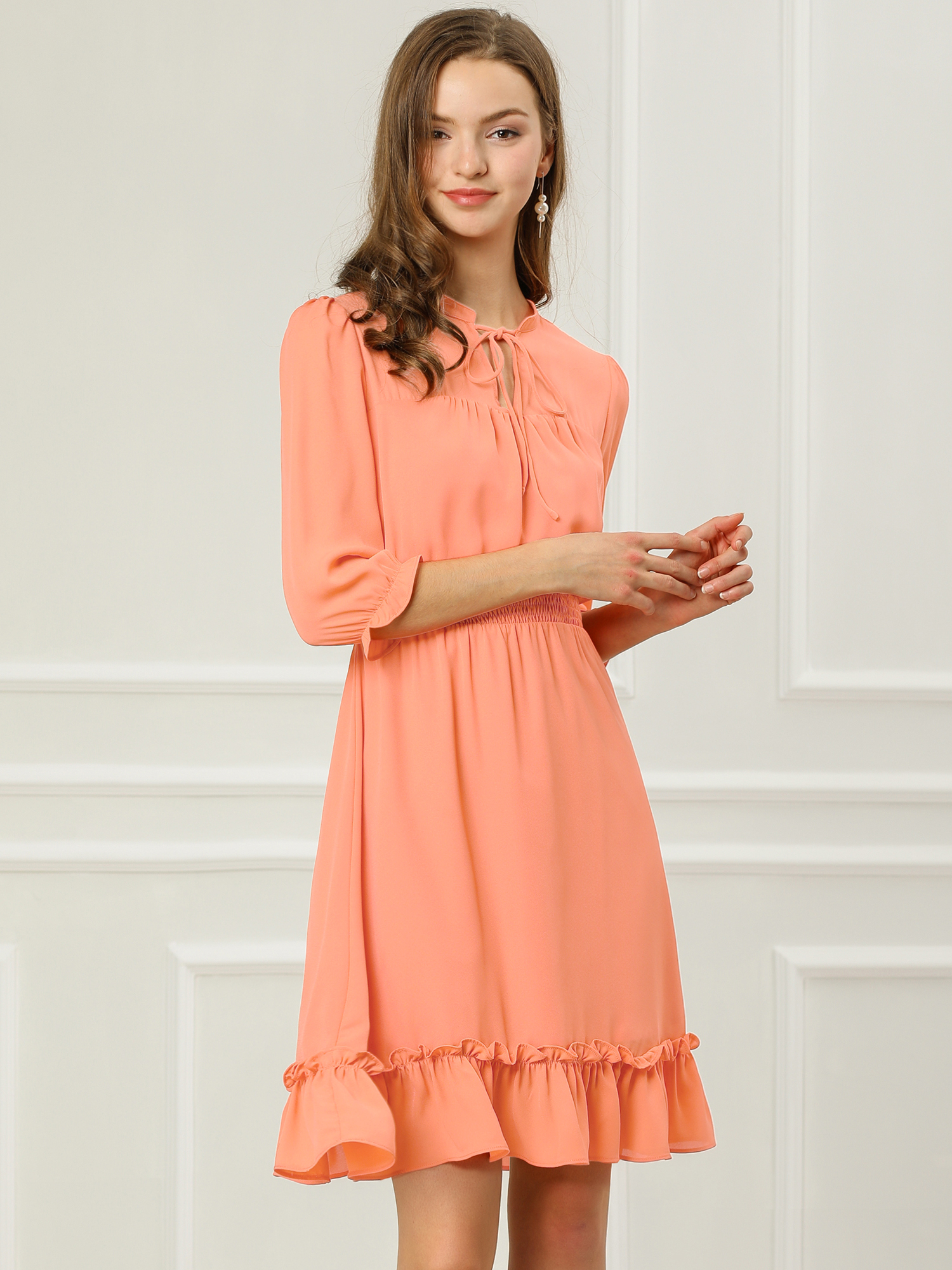 Ruffle Hem 3/4 Sleeve A-Line Smocked Midi Chiffon Dress Salmon/M - Allegra K catalog