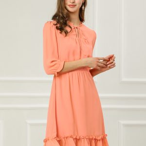 Ruffle Hem 3/4 Sleeve A-Line Smocked Midi Chiffon Dress Salmon/L - Allegra K catalog