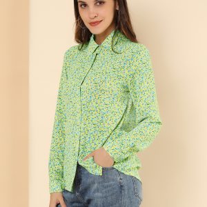 Button Down Floral Shirt Blouse Long Sleeve Point Collar Top Light Green/XL - Allegra K catalog