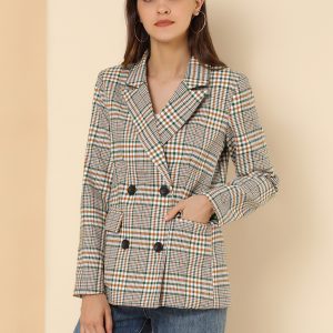 Notched Lapel Double Breasted Work Formal Blazer White Green/M - Allegra K catalog