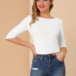 Casual Boat Neck 3/4 Sleeve Solid Basic T-shirt White/XL - Allegra K catalog
