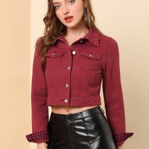 Button Down Long Sleeve Casual Cropped Denim Jacket Wine Red/M - Allegra K catalog