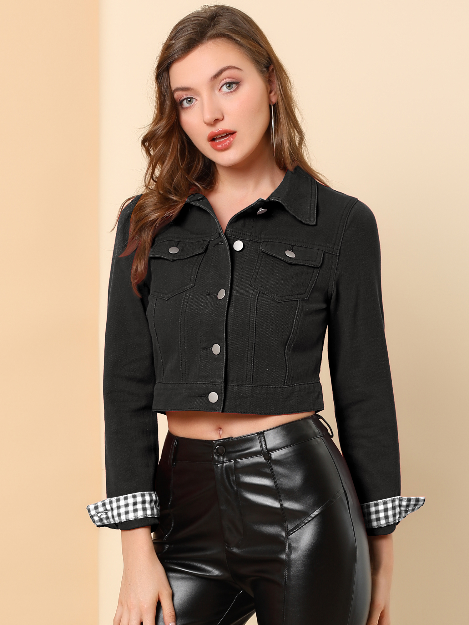Button Down Long Sleeve Casual Cropped Denim Jacket Black/L - Allegra K catalog