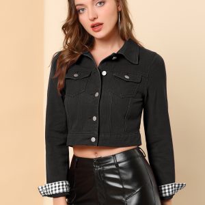 Button Down Long Sleeve Casual Cropped Denim Jacket Black/XL - Allegra K catalog