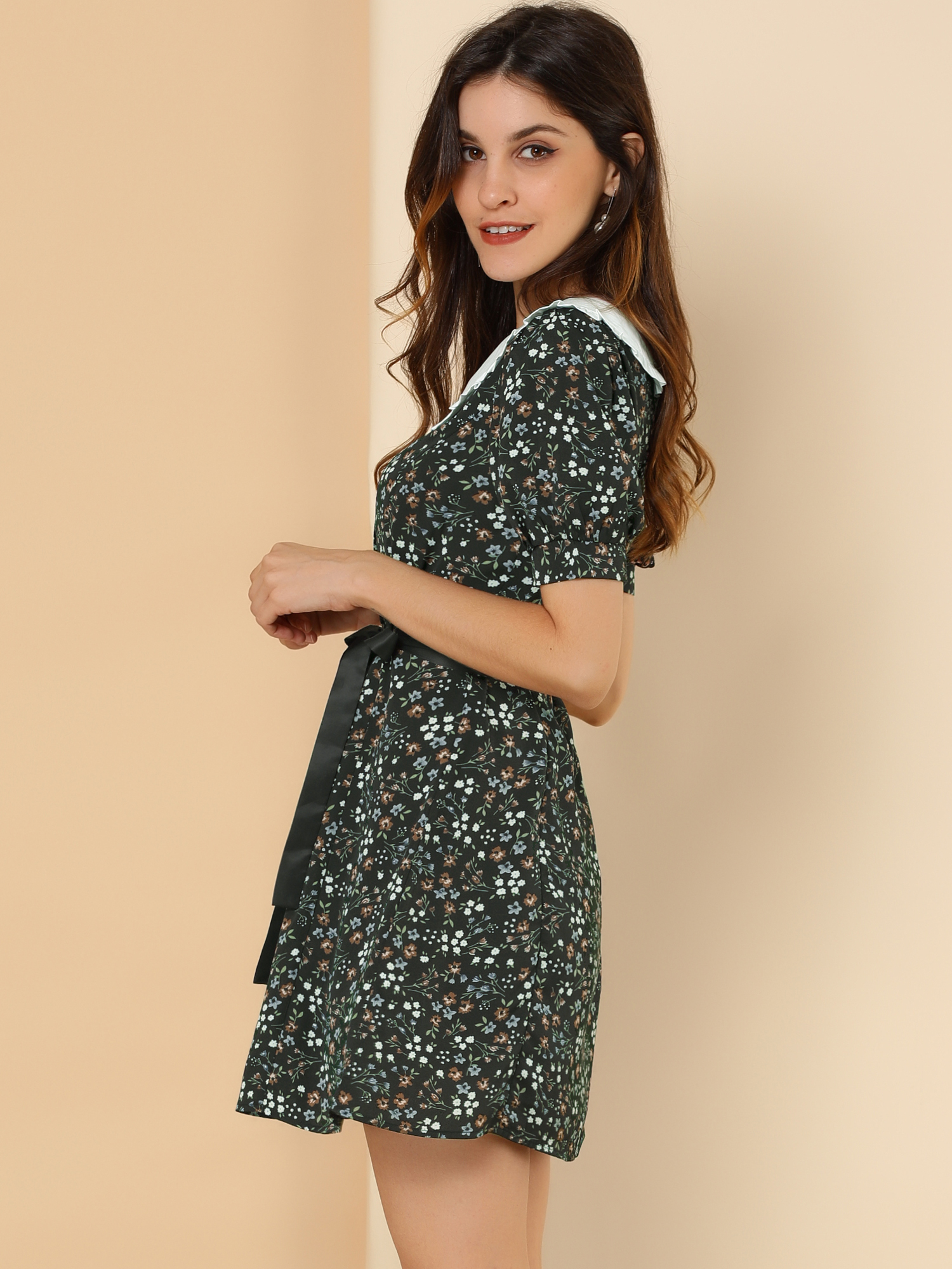 Peter Pan Collar Flowy Short Sleeve Ruffle Summer Floral Shirt Dress Black Blue/M - Allegra K catalog
